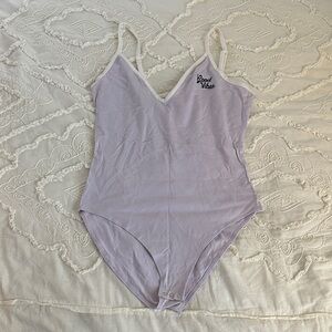 Victoria's Secret Lavender Bodysuit with White Trim and 'Good Vibes' Embroidery